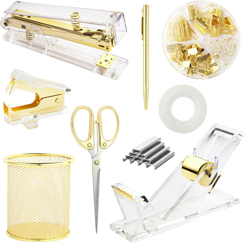 yuun Gold Desk Accessories, Office Supplies Set with Acrylic Stapler, Tape Dispenser, Staple Remover, Pen Holder, Scissor, Binder Paper Clips, 1 Ballpoint Pen, 1 Clear Tape and 1000pcs Staples - Image 1